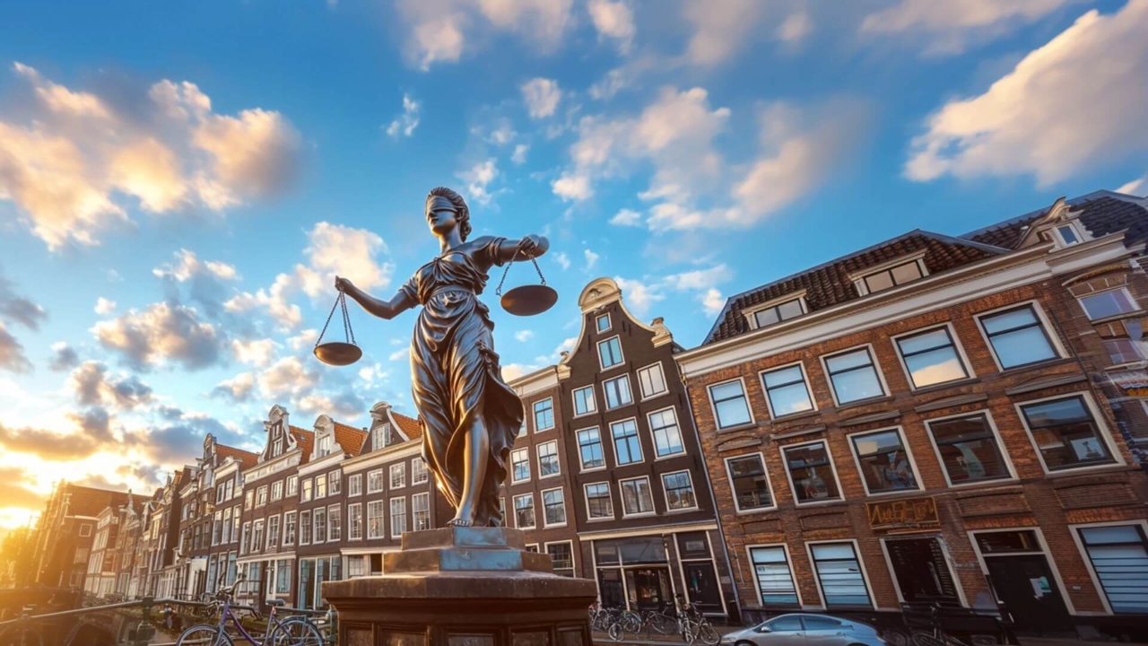 Header Download Arbeidsrecht: Te zien is Justicia als standbeeld aan een Nederlandse gracht
