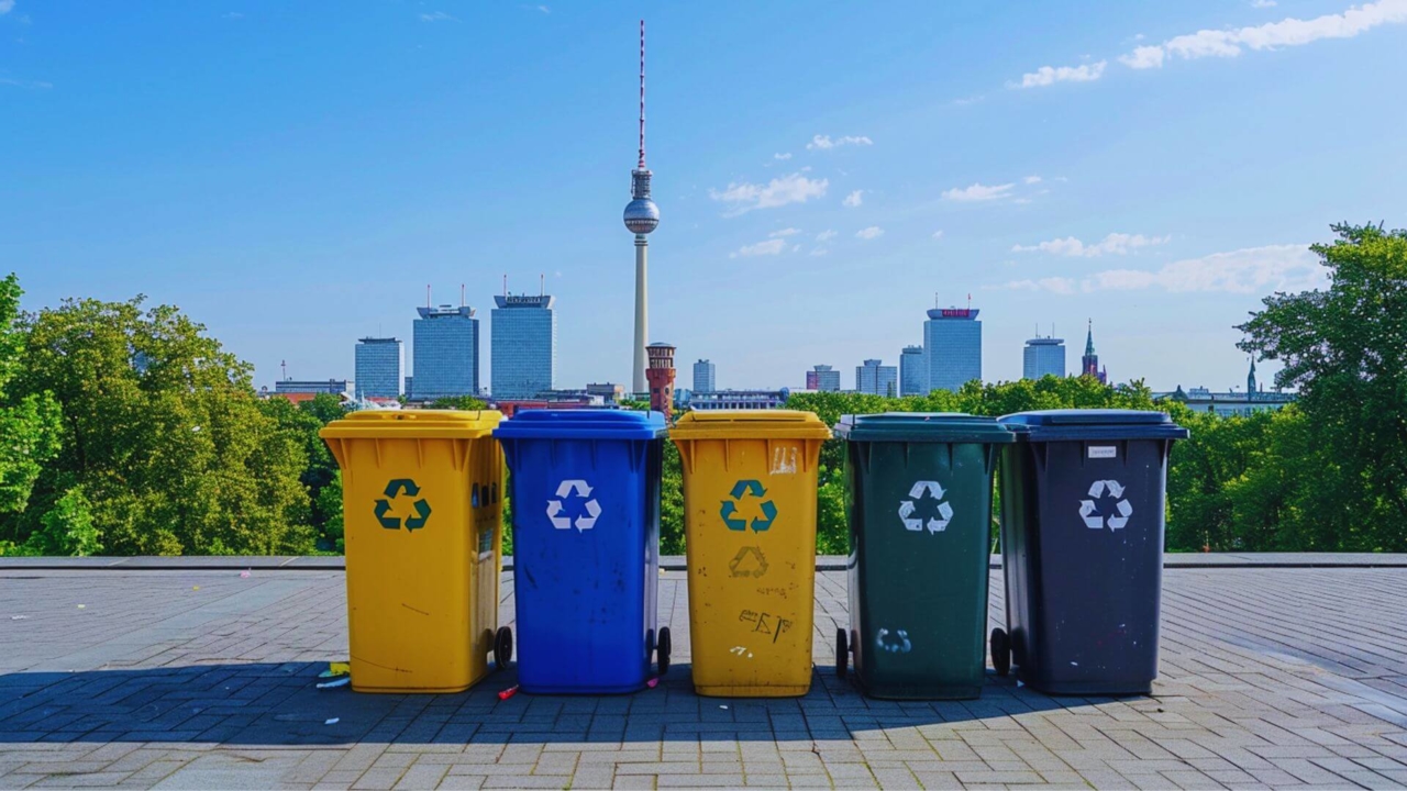 Header Recycling: Zu sehen sind verschiedene Mülltonen und die Sykline von Berlin.