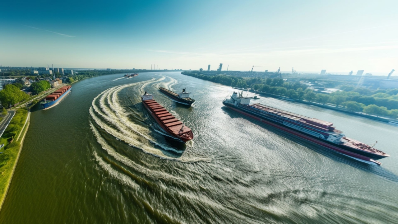 Je kunt de binnenvaart op de Rijn zien