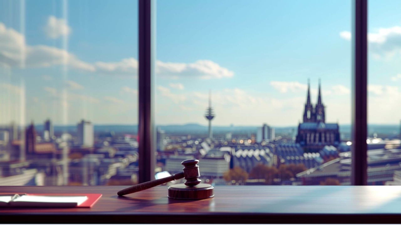Header Recht: Zu sehen ist ein Richterhammer; im Hintergrund eine Rheinische Großstadt