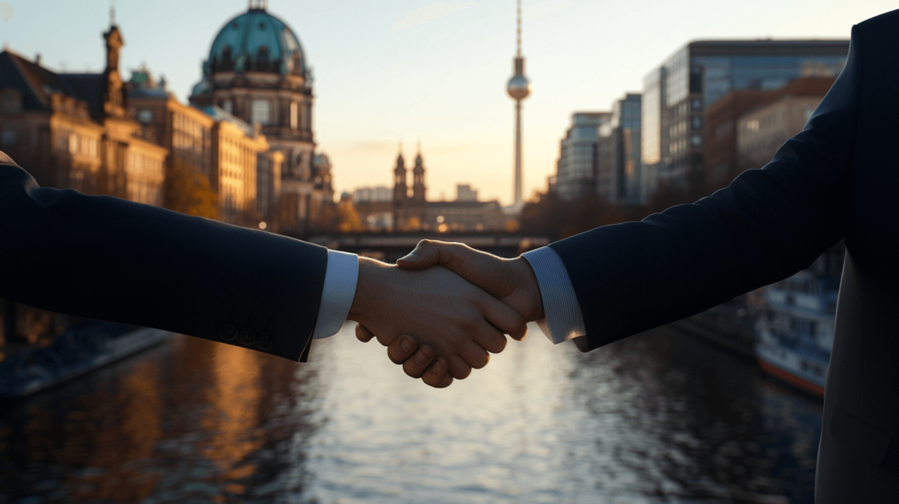 Professionals schudden elkaar de hand, op de achtergrond de skyline van Berlijn – recruitment en carrière in Duitsland.