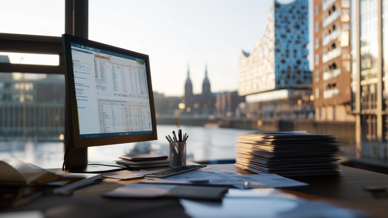 Header Lohnbuchhaltung: Zu sehen ist ein Schreibtisch mit einem Rechner und einer Niederländischen Grachtenlandschaft, die man im Hintergrund sieht.